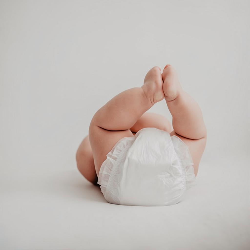 baby lying on a soft blanket wearing a white diaper