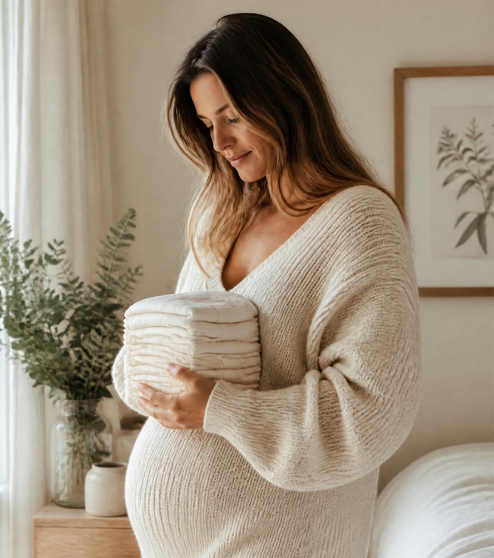 expectant mother in cream knitwear holding a stack of soté baby diapers